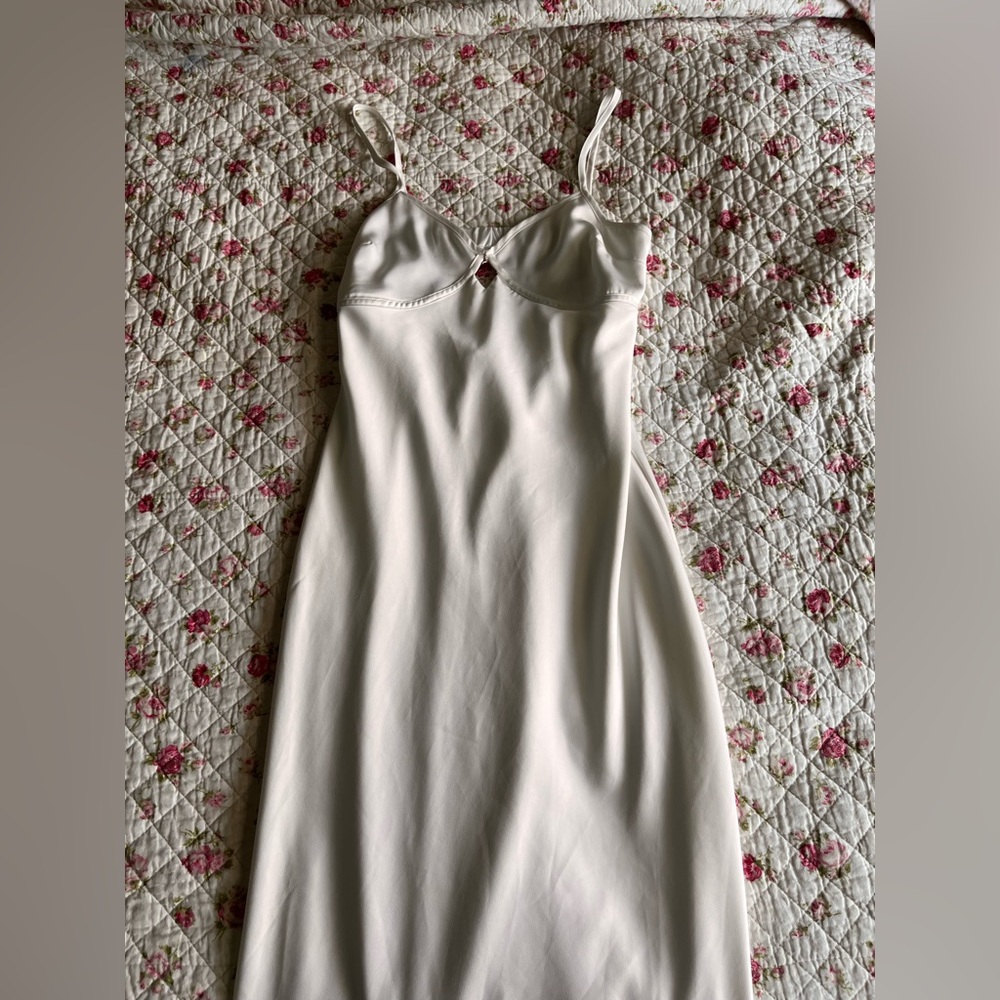 Eggshell White Satin Midi Dress with Spaghetti Straps